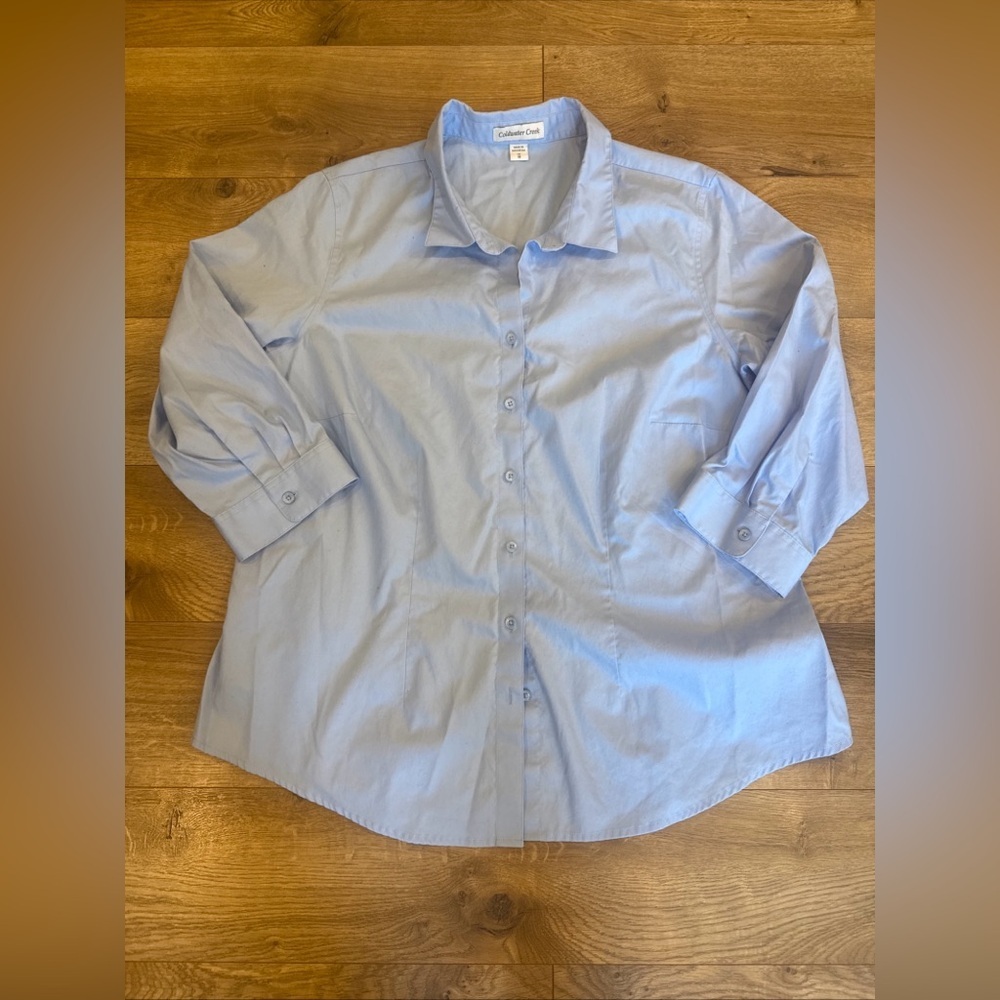 COLDWATER CREEK Blouse XL Button Down Shirt Career No Iron 100% Cotton Blue